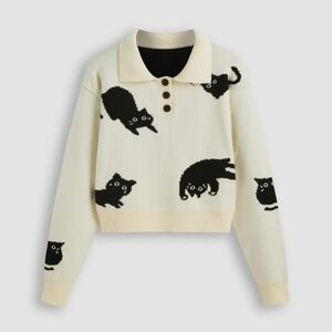 Black Cat Knitted Polo Sweater